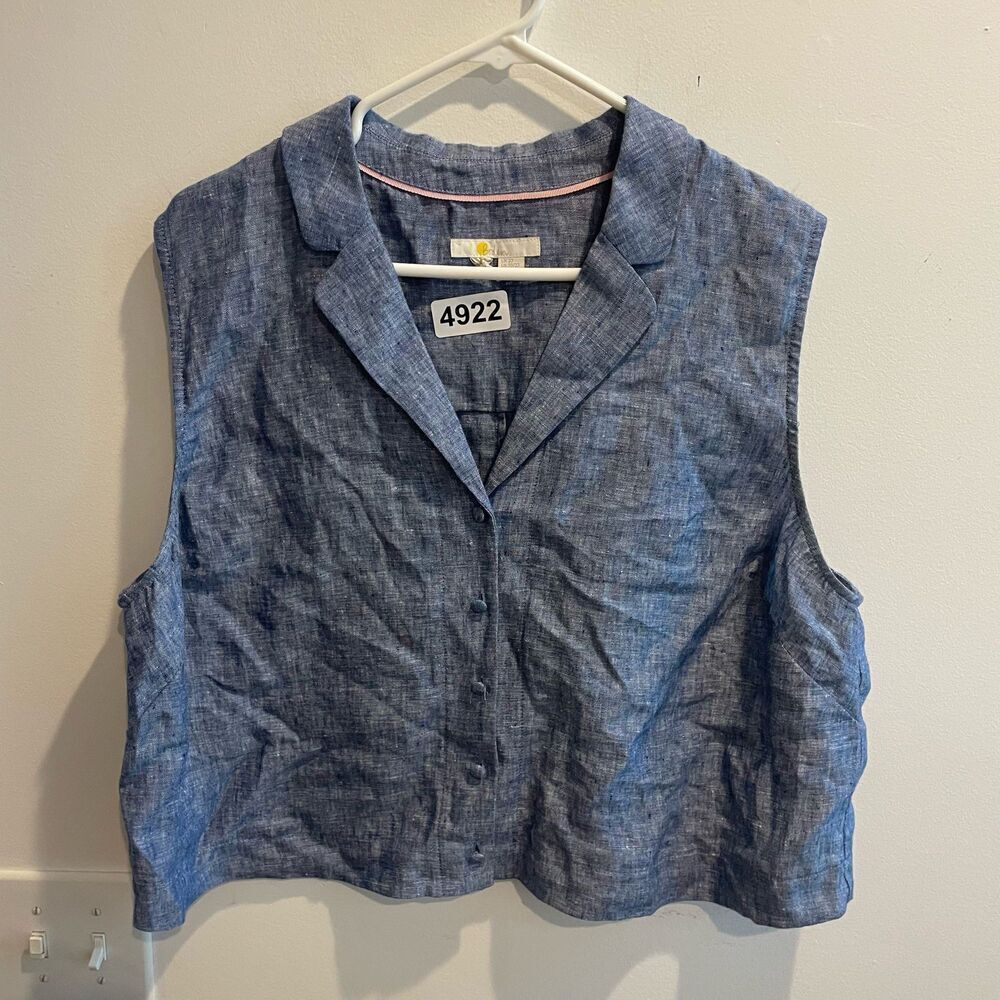 Boden Chambray Cropped Sleeveless Top Blue Linen 20/22 Collared Button Down - Picture 8 of 13